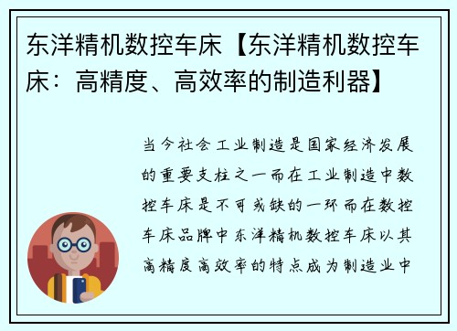 东洋精机数控车床【东洋精机数控车床：高精度、高效率的制造利器】
